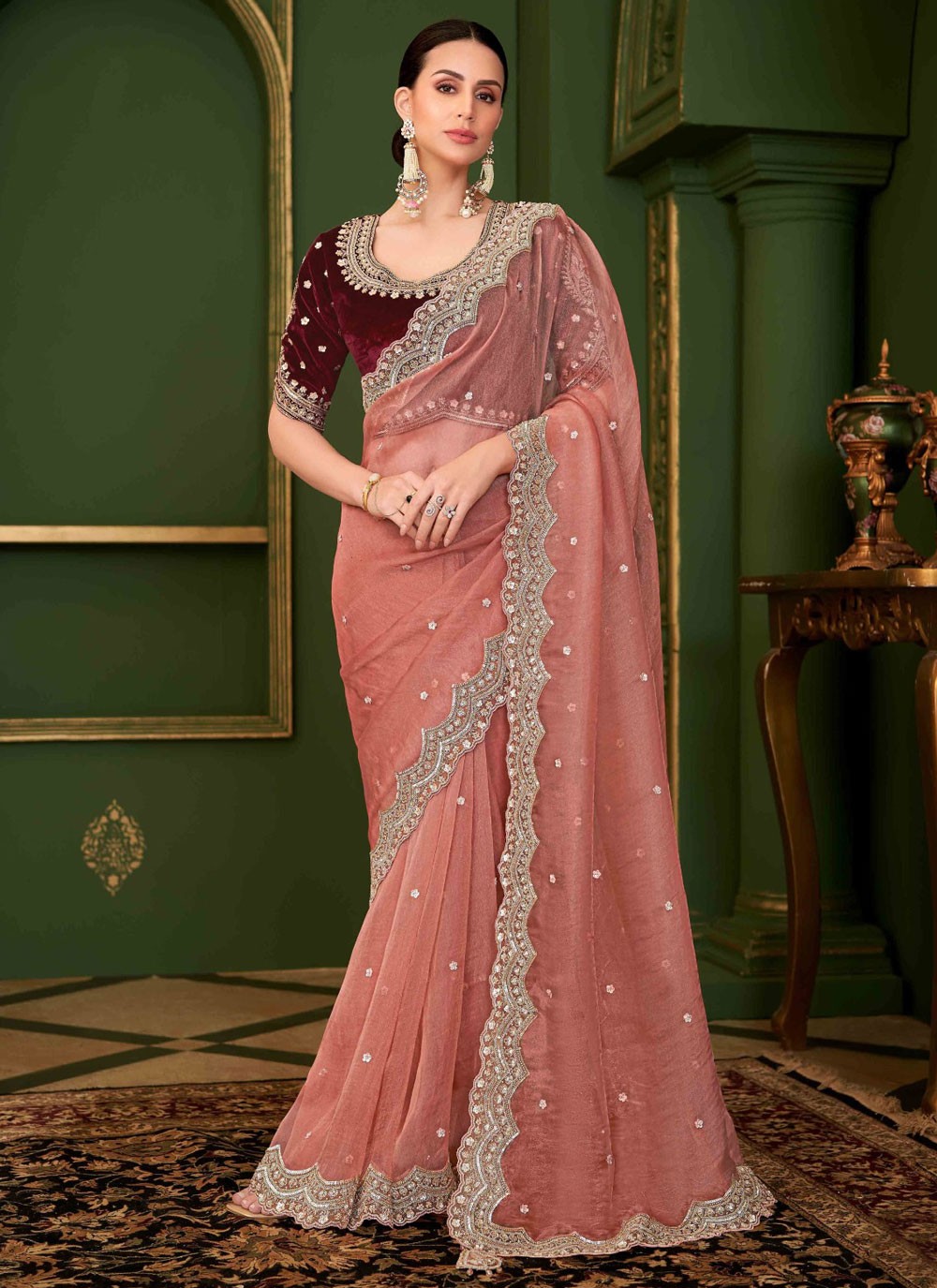 Peach Georgette Traditional Saree Embroidered S20374