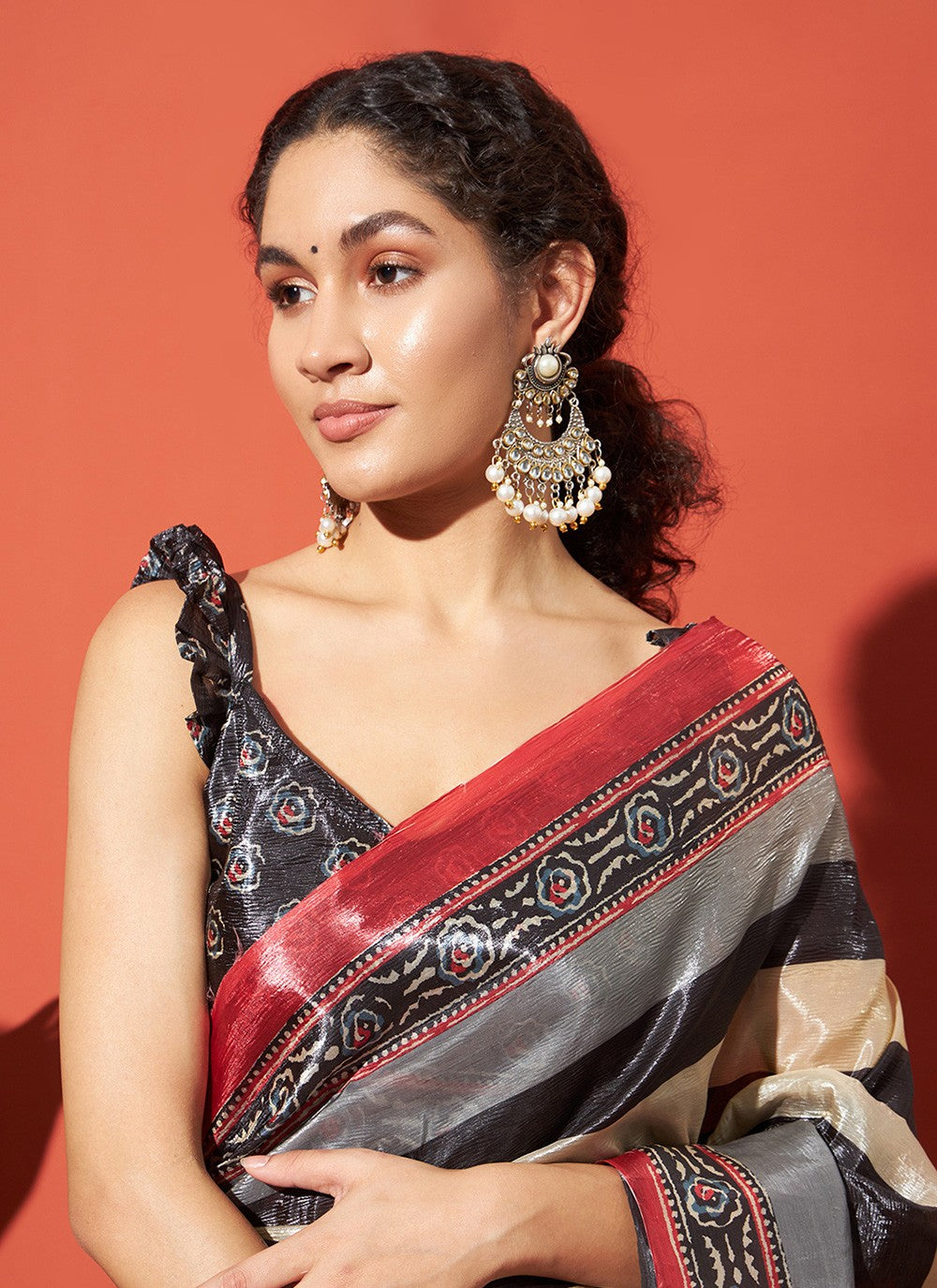 Multi Colour Tissue Contemporary Saree Printed S17702