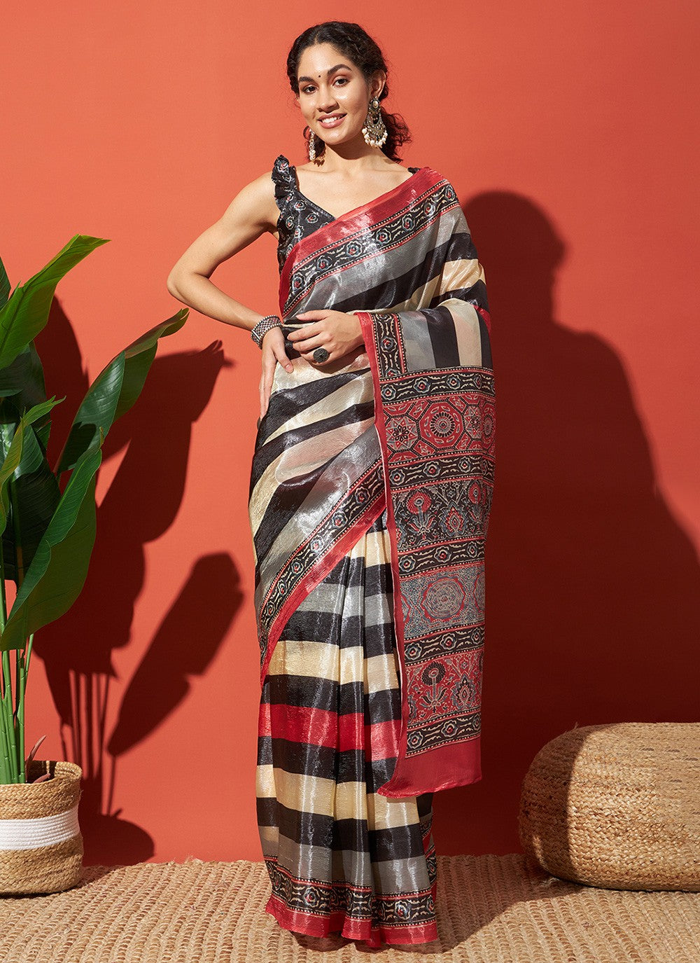 Multi Colour Tissue Contemporary Saree Printed S17702