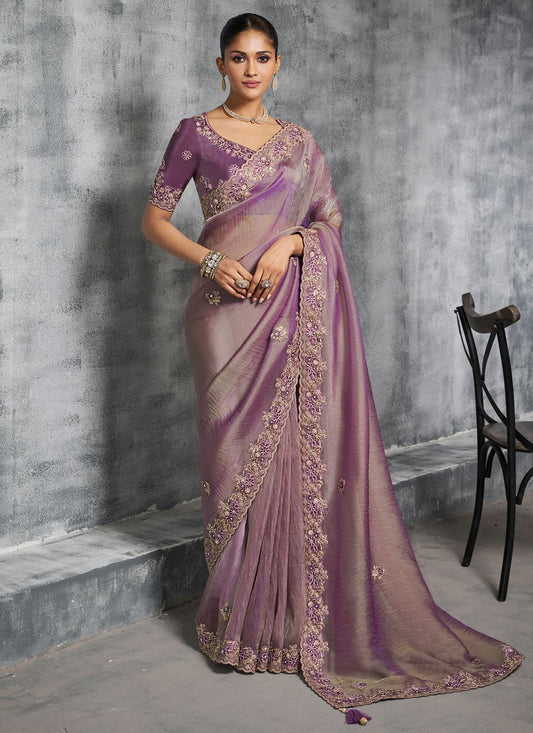 Purple Tissue Trendy Saree Embroidered, Resham, Thread S19892