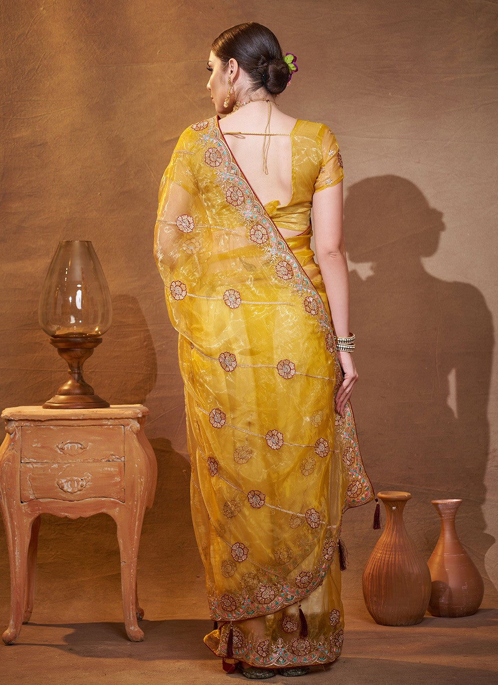 Embroidered Organza Yellow Saree S14720