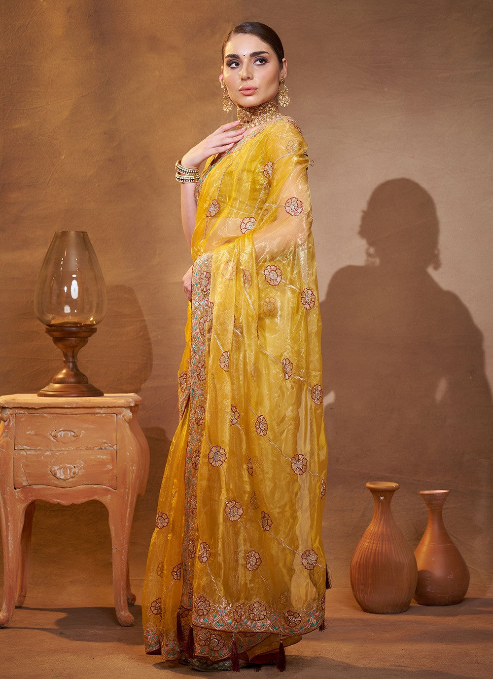 Embroidered Organza Yellow Saree S14720