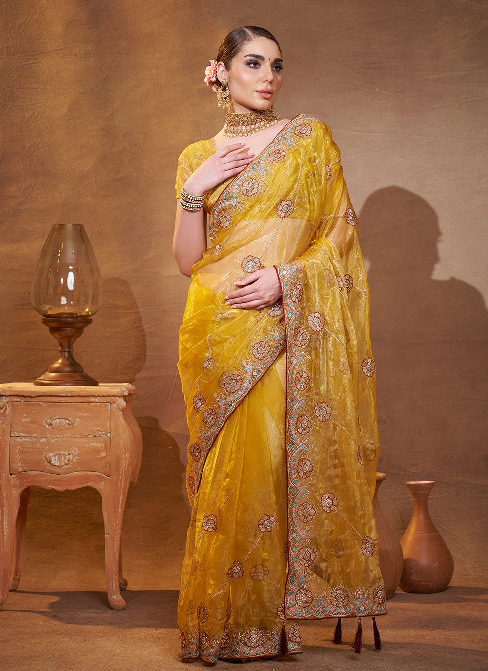 Embroidered Organza Yellow Saree S14720