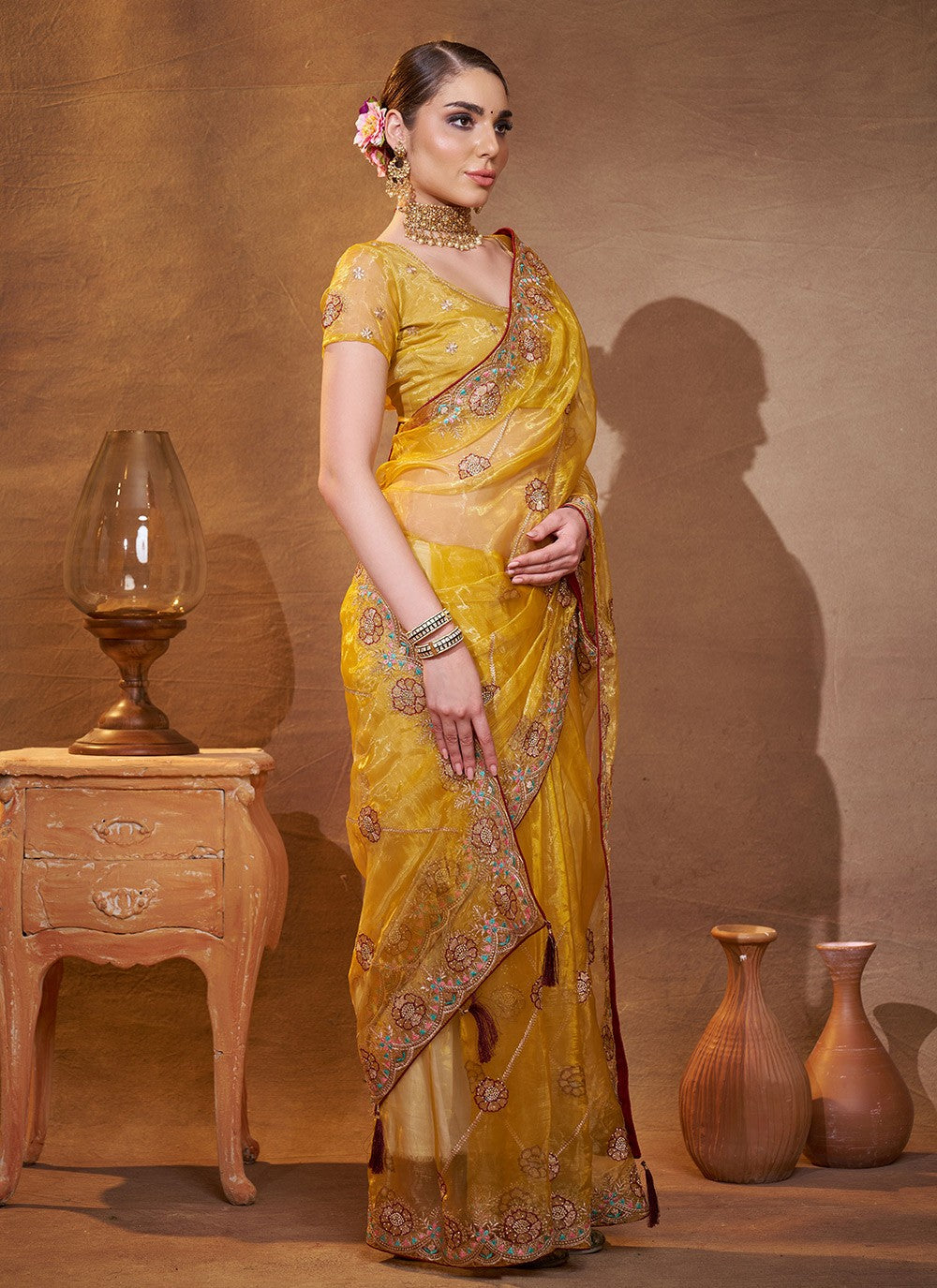 Embroidered Organza Yellow Saree S14720