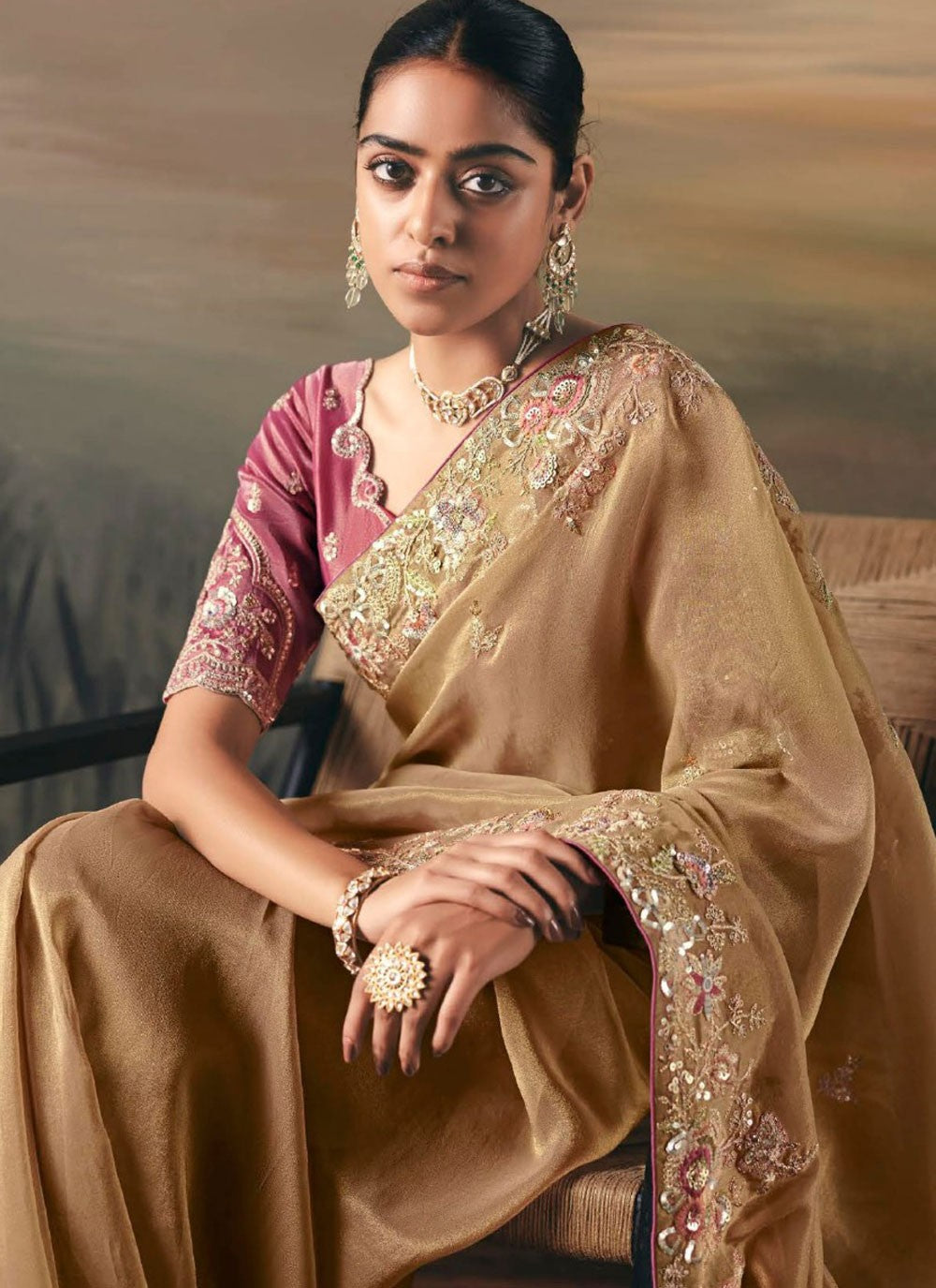 Cream Tissue Contemporary Saree Embroidered, Resham, Thread S20405