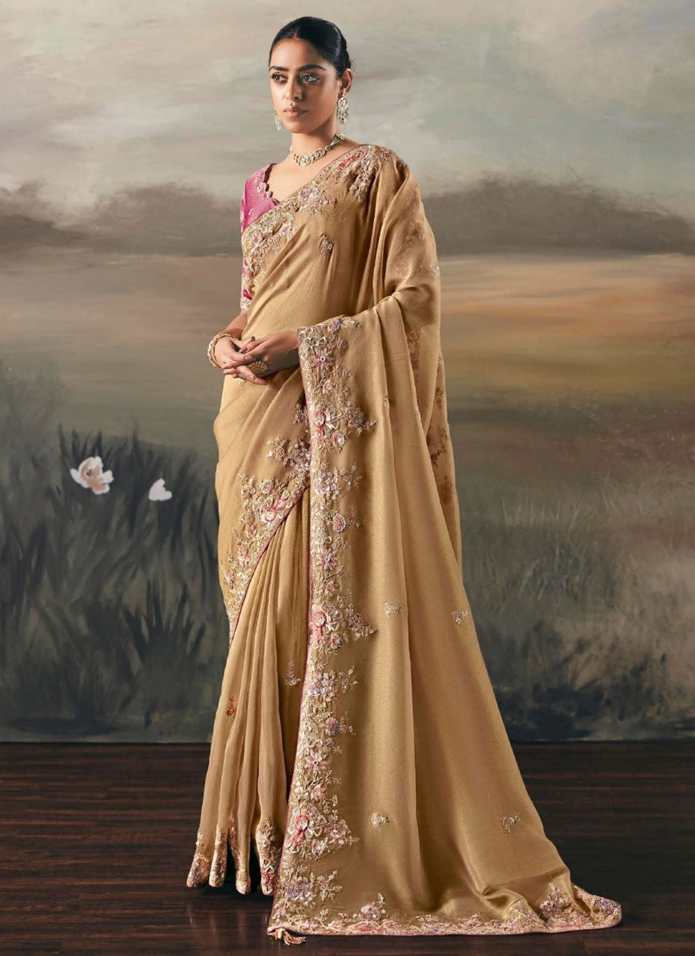 Cream Tissue Contemporary Saree Embroidered, Resham, Thread S20405