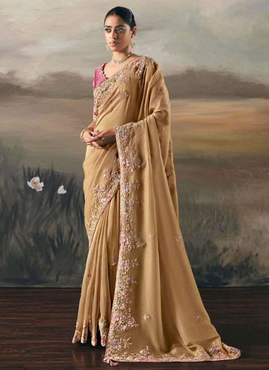 Cream Tissue Contemporary Saree Embroidered, Resham, Thread S20405