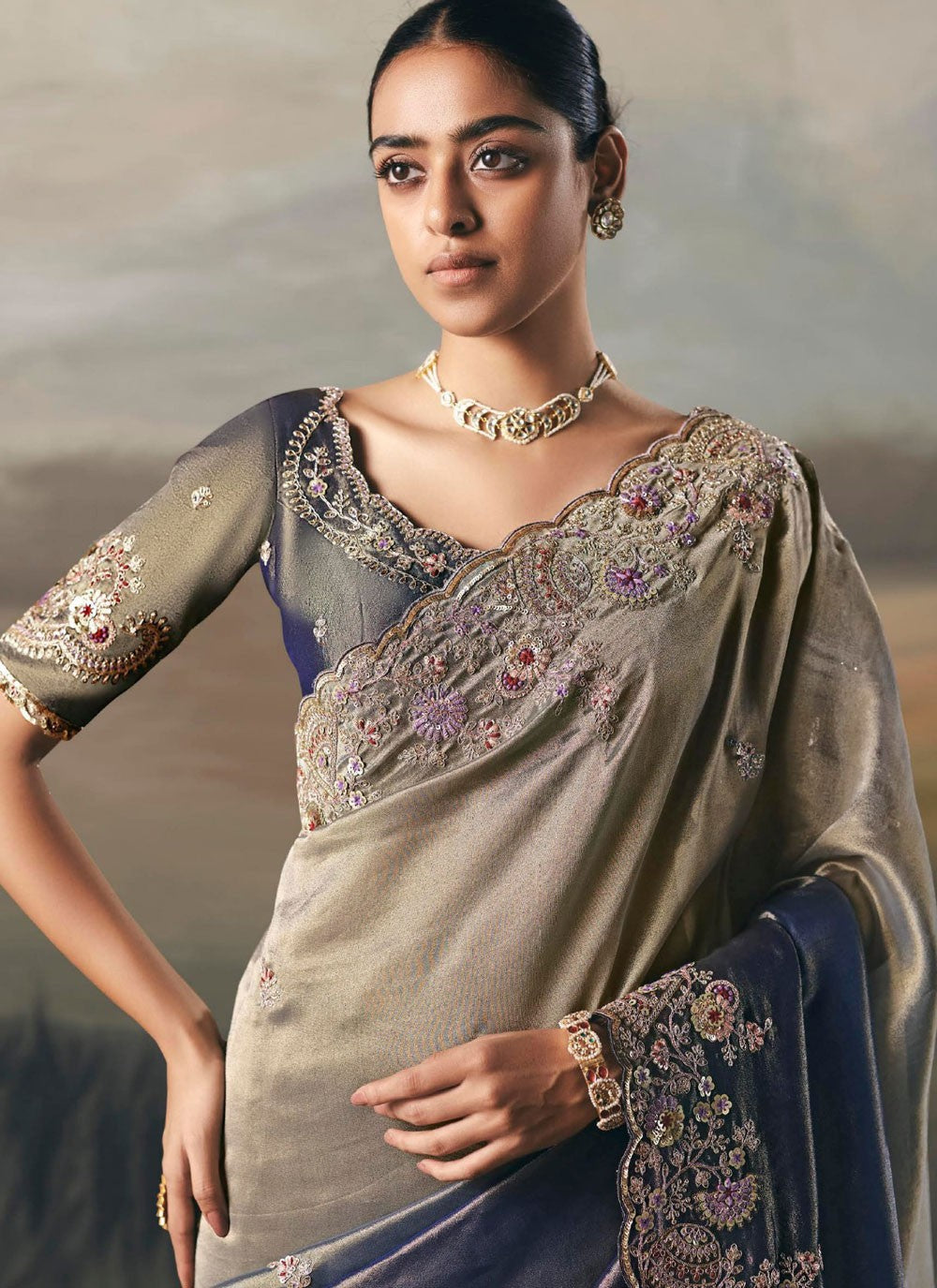 Grey Tissue Classic Saree Embroidered, Resham, Thread S20404
