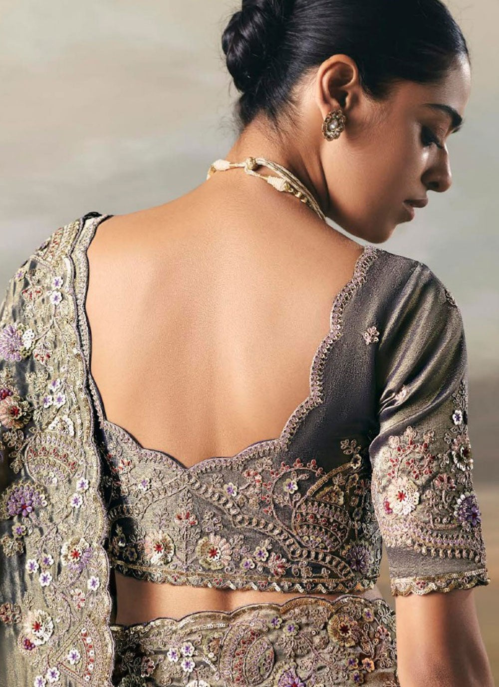 Grey Tissue Classic Saree Embroidered, Resham, Thread S20404