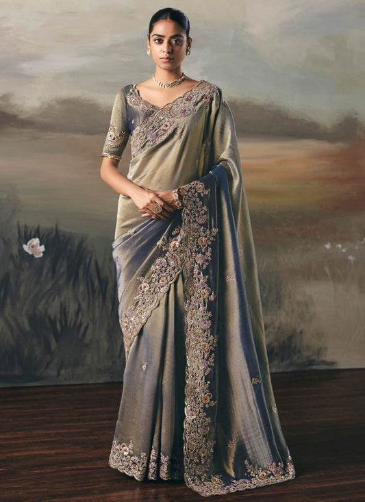 Grey Tissue Classic Saree Embroidered, Resham, Thread S20404