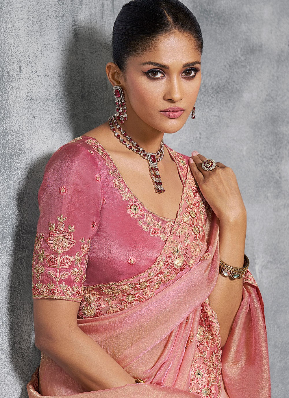 Pink Tissue Contemporary Saree Embroidered, Resham, Thread S19894