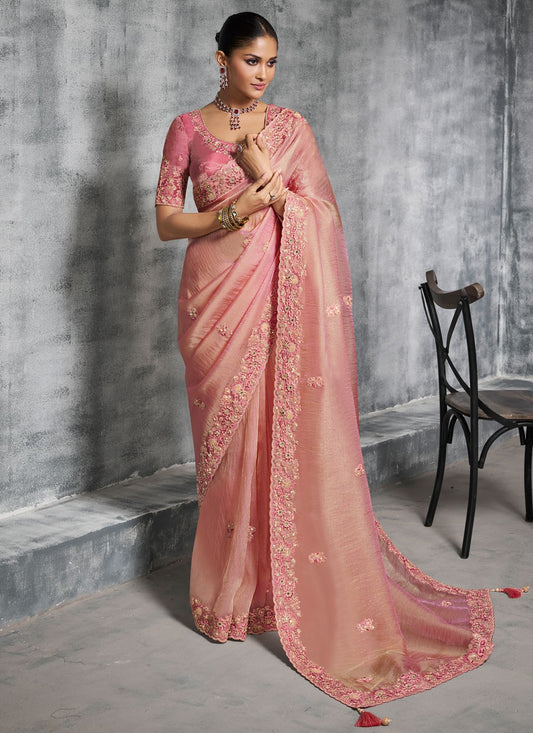 Pink Tissue Contemporary Saree Embroidered, Resham, Thread S19894