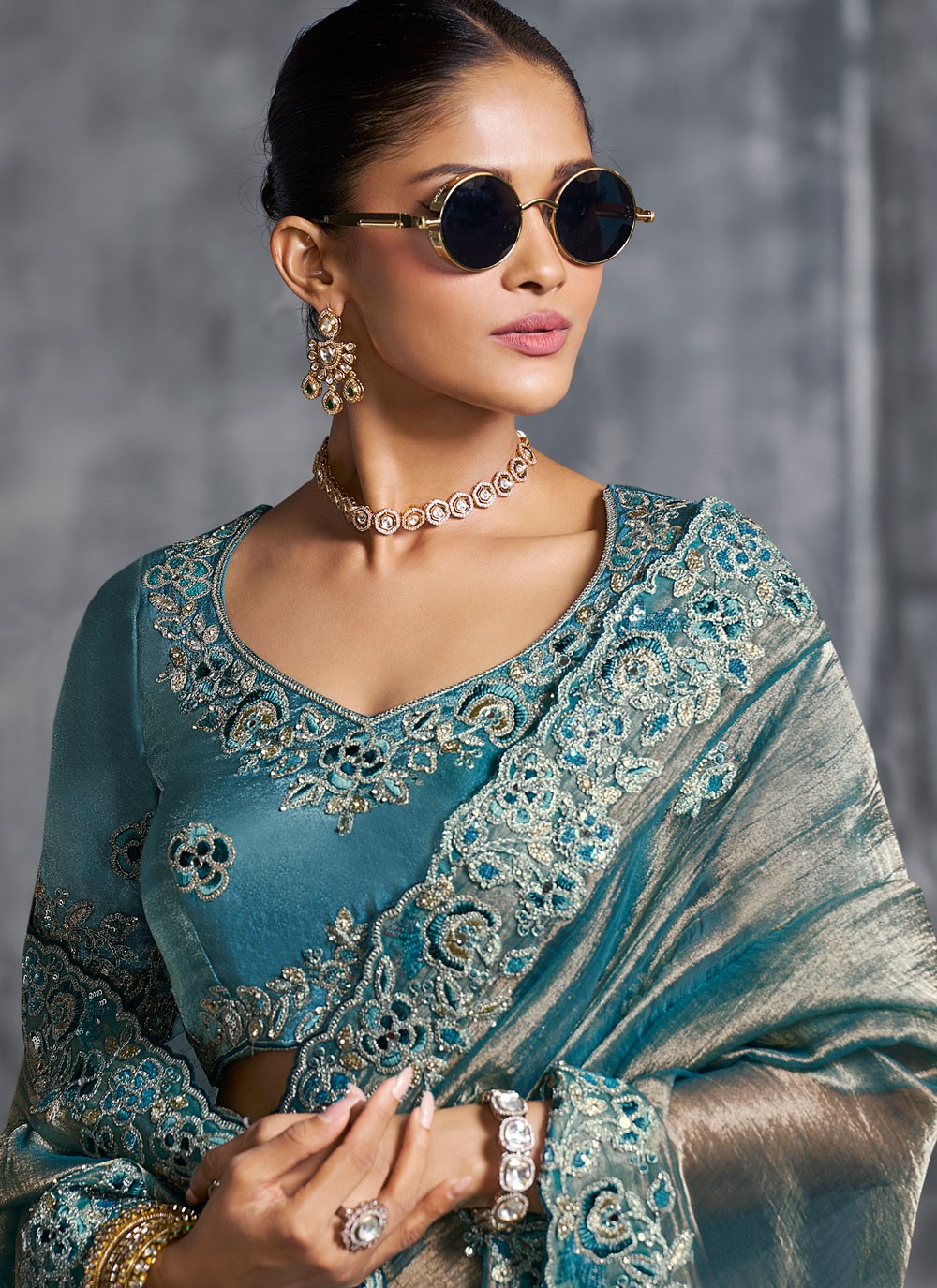 Turquoise Tissue Classic Saree Embroidered, Resham, Thread S19896