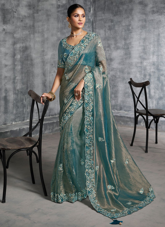 Turquoise Tissue Classic Saree Embroidered, Resham, Thread S19896