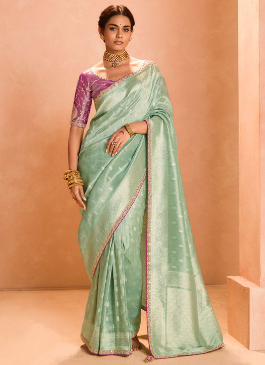 Trendy Saree Embroidered Sea Green Silk Saree S12847