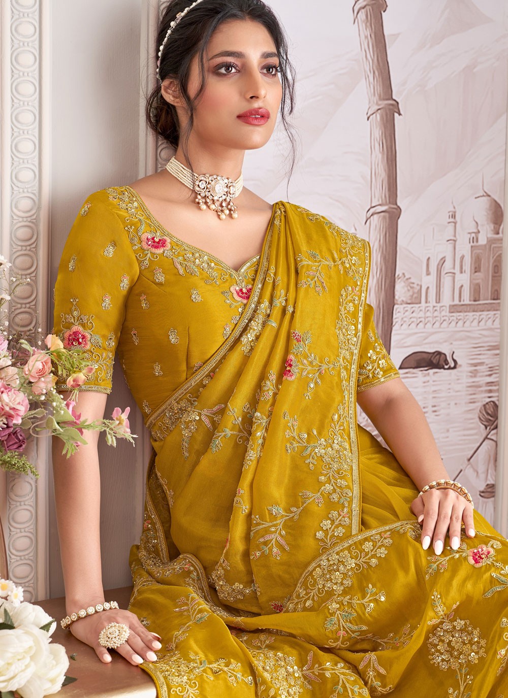 Green Tissue Designer Saree Embroidered, Sequins, Stones, Zari S17436