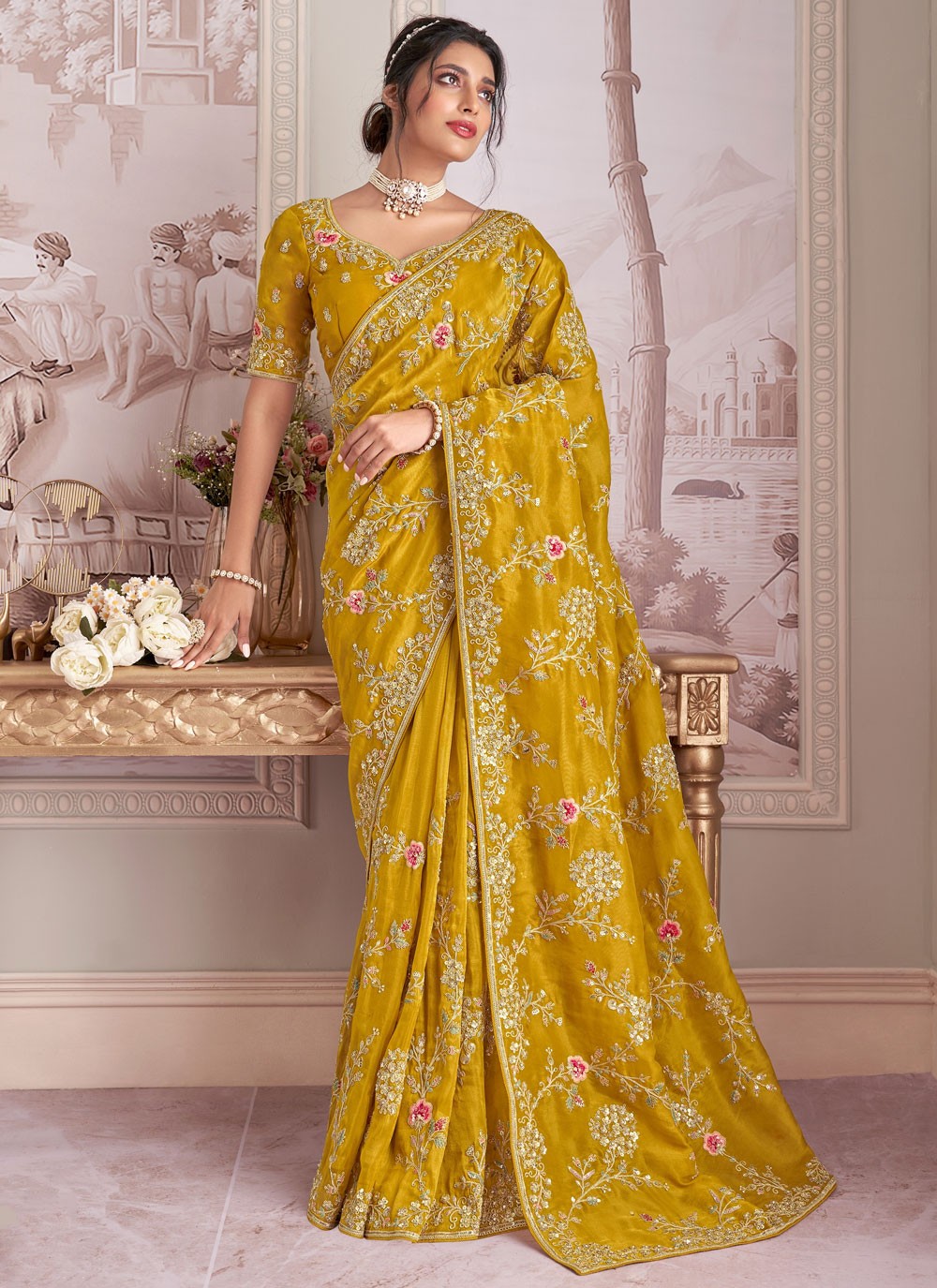 Green Tissue Designer Saree Embroidered, Sequins, Stones, Zari S17436