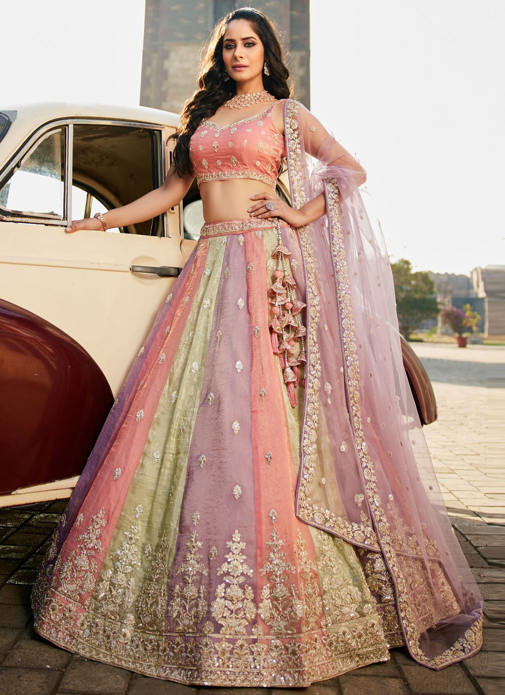 Tissue Engagement, Mehandi & Sangeet, Reception, Wedding A - Line Lehenga L3515