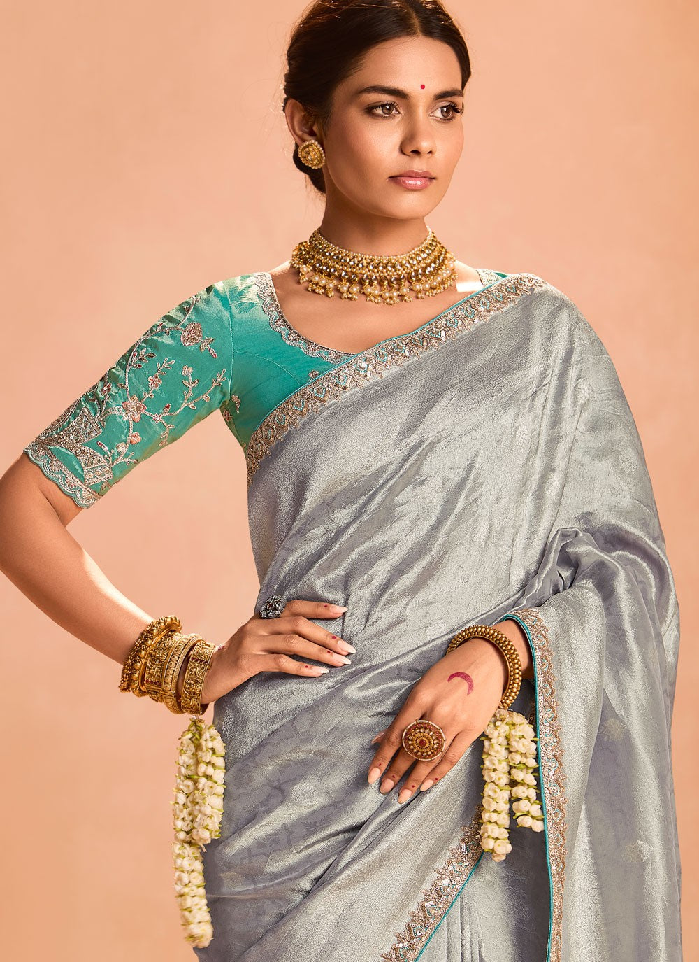 Traditional Embroidered Grey Silk Saree S12841
