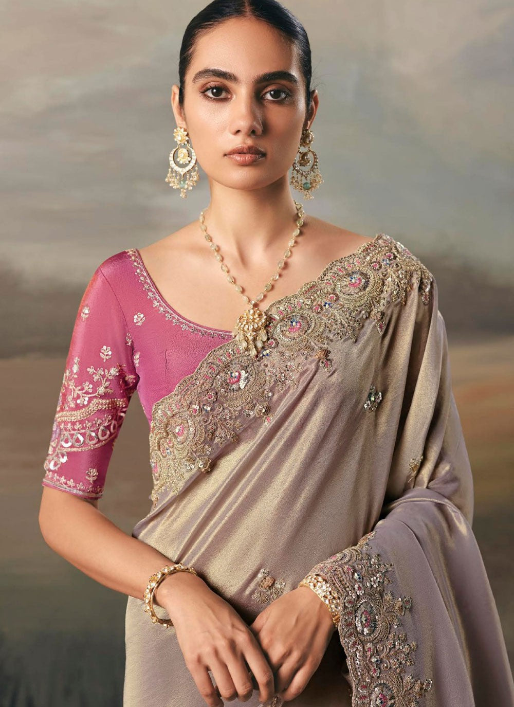 Grey Tissue Trendy Saree Embroidered, Resham, Thread S20402