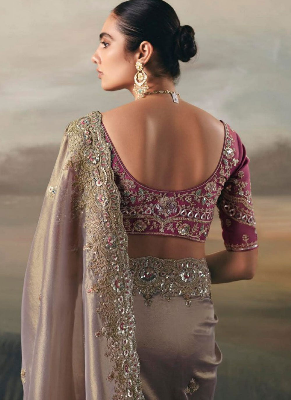 Grey Tissue Trendy Saree Embroidered, Resham, Thread S20402