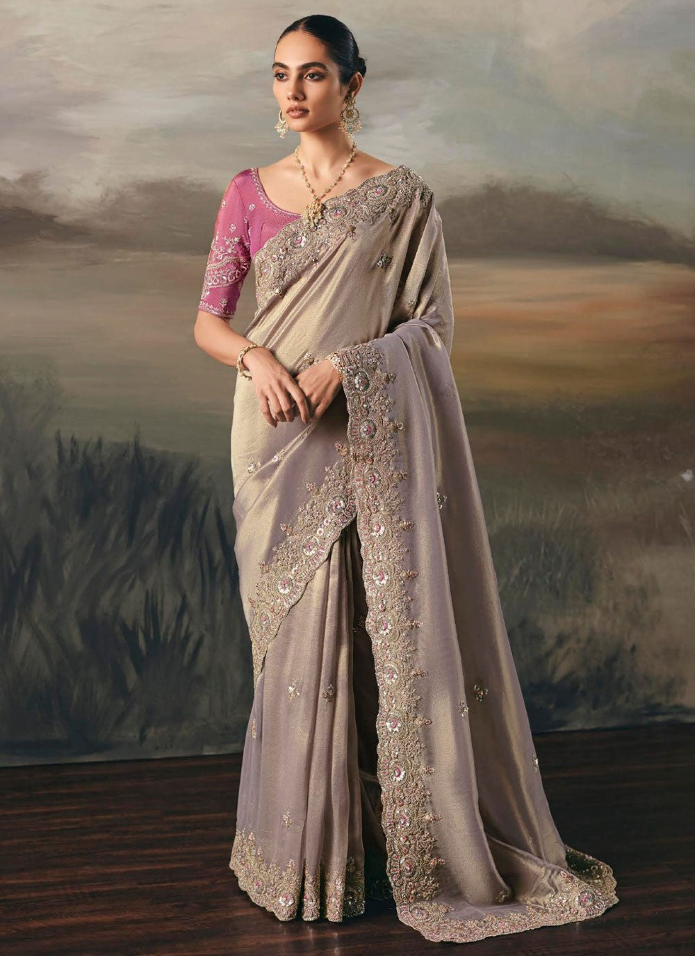 Grey Tissue Trendy Saree Embroidered, Resham, Thread S20402