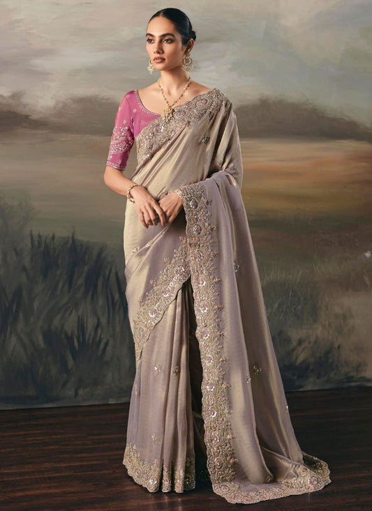 Grey Tissue Trendy Saree Embroidered, Resham, Thread S20402