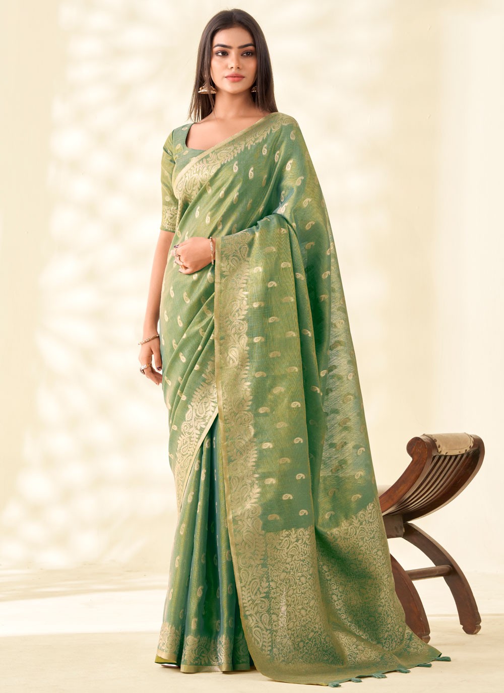 Green Silk Classic Saree Buttis, Weaving Zari, Zari S17891