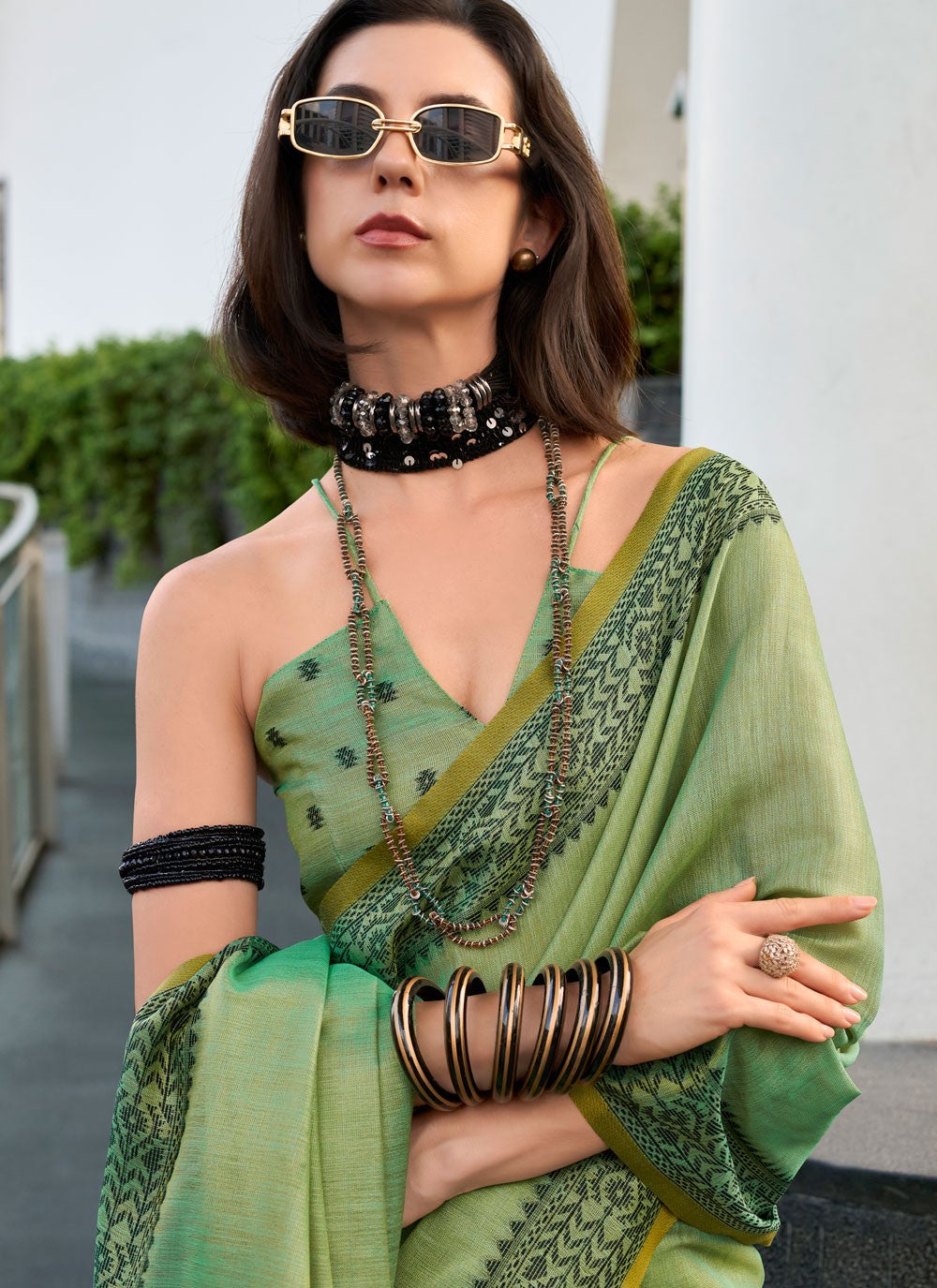 Traditional Weaving Zari Green Linen Saree S13533