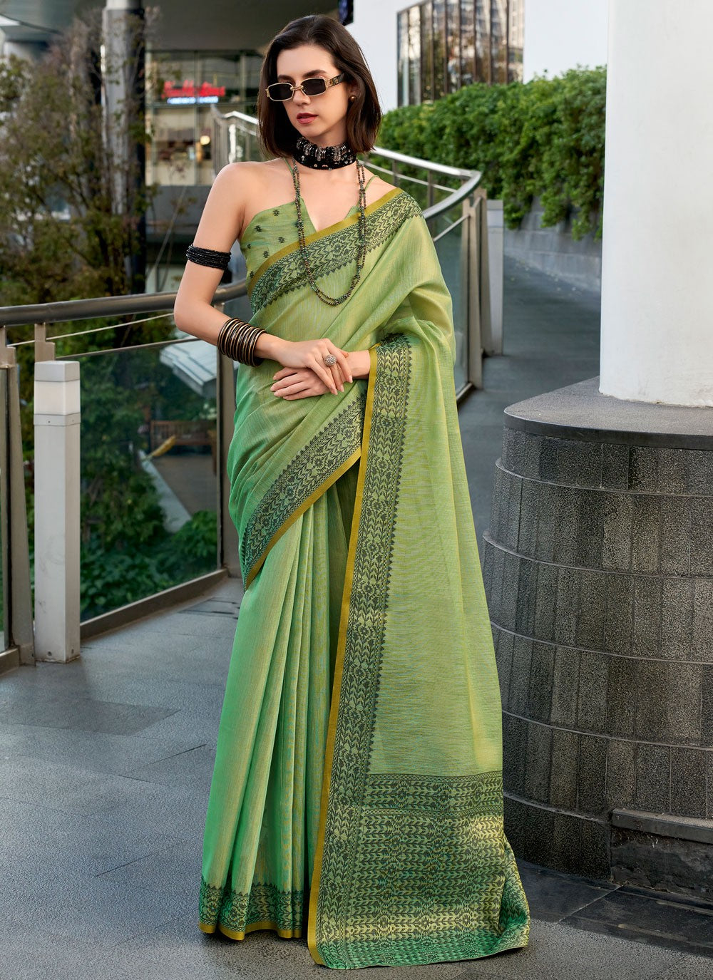 Traditional Weaving Zari Green Linen Saree S13533