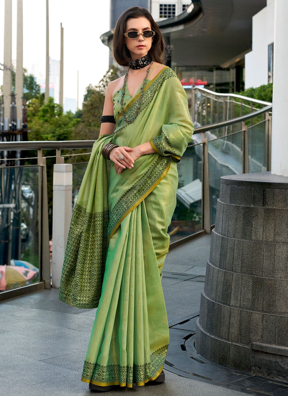Traditional Weaving Zari Green Linen Saree S13533