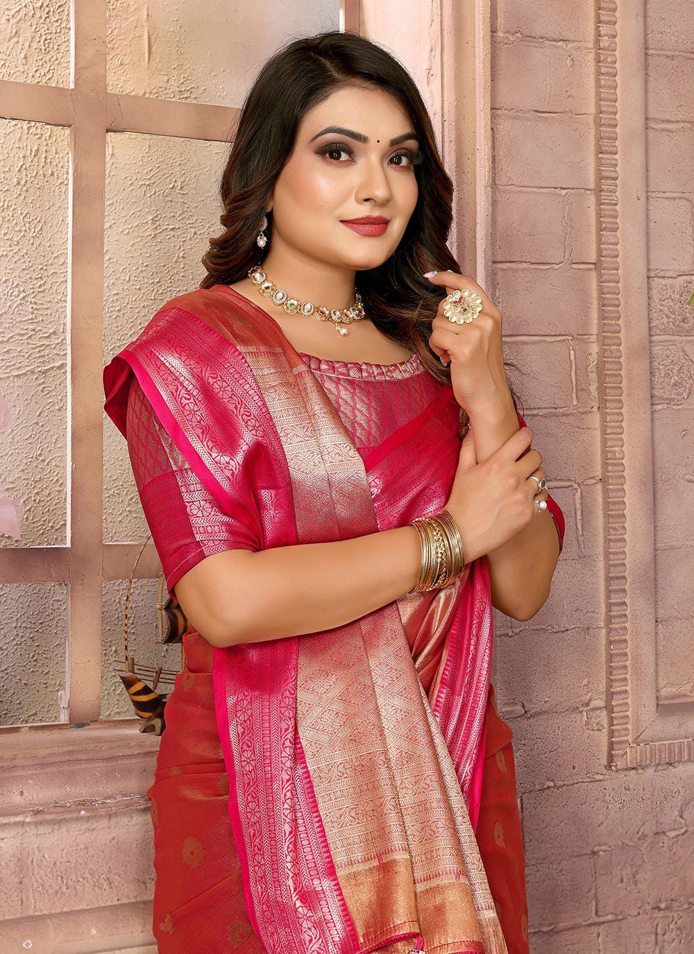 Woven Silk Orange Saree S14617