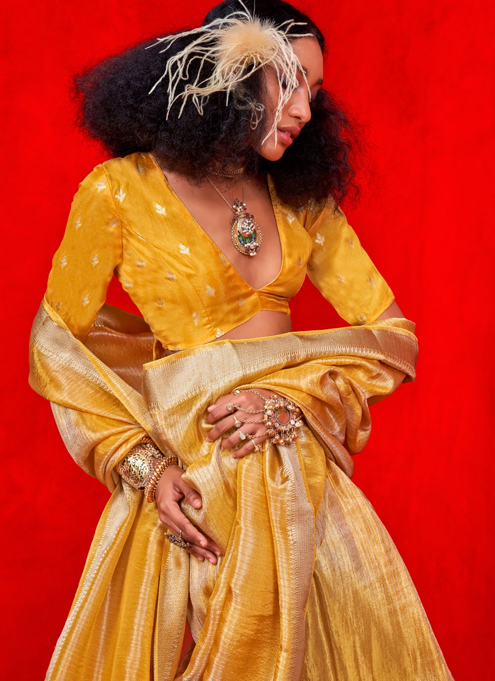 Designer Weaving Zari Yellow Tissue S12700