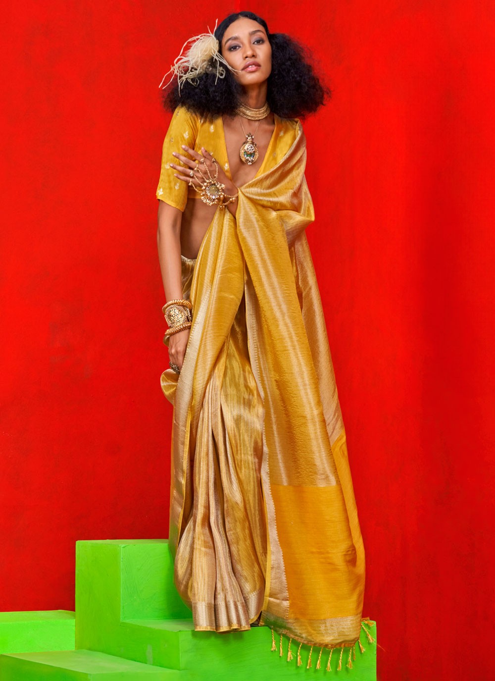 Designer Weaving Zari Yellow Tissue Saree S12700