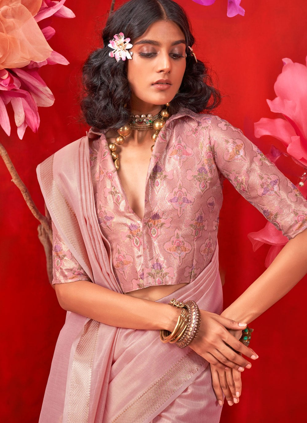 Weaving Zari Handloom Silk Pink Contemporary Saree S15581