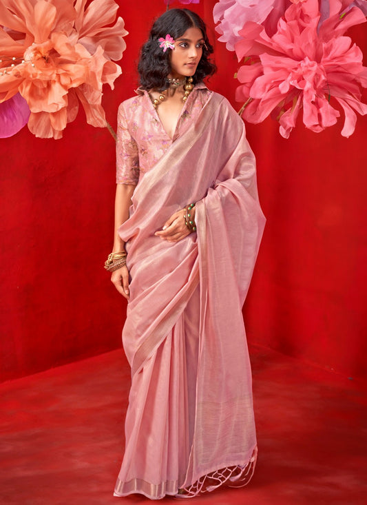 Weaving Zari Handloom Silk Pink Contemporary Saree S15581