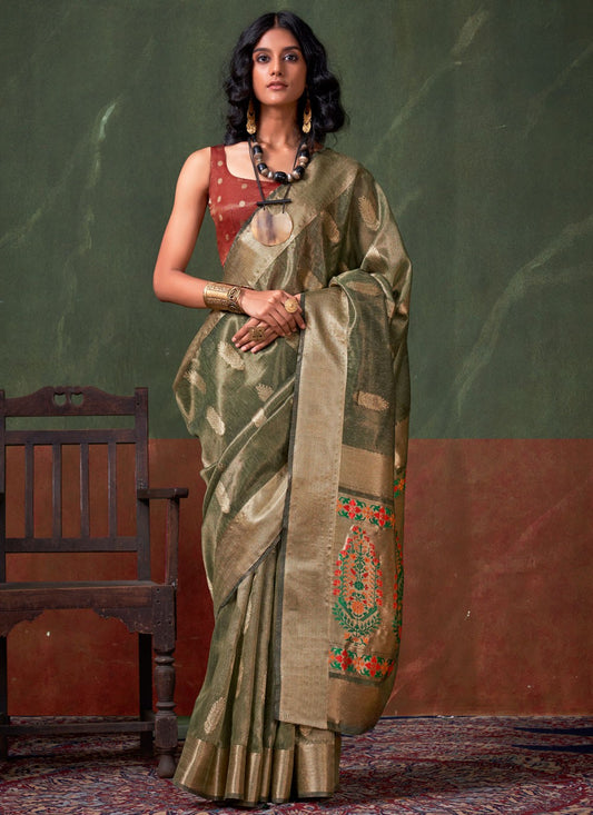 Weaving Zari Silk Green Saree S13845