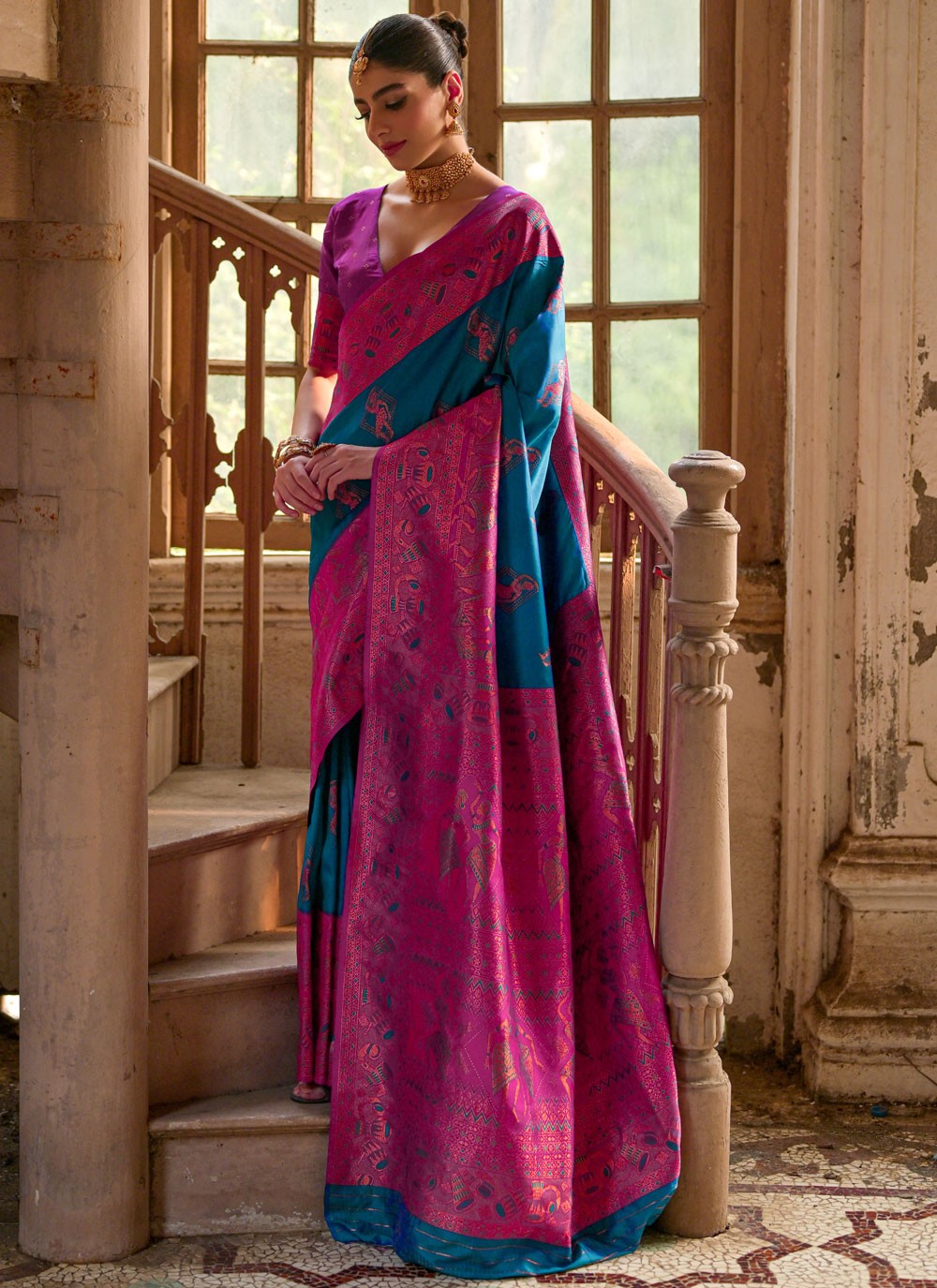 Traditional Saree Woven Firozi Banarasi Silk S13054