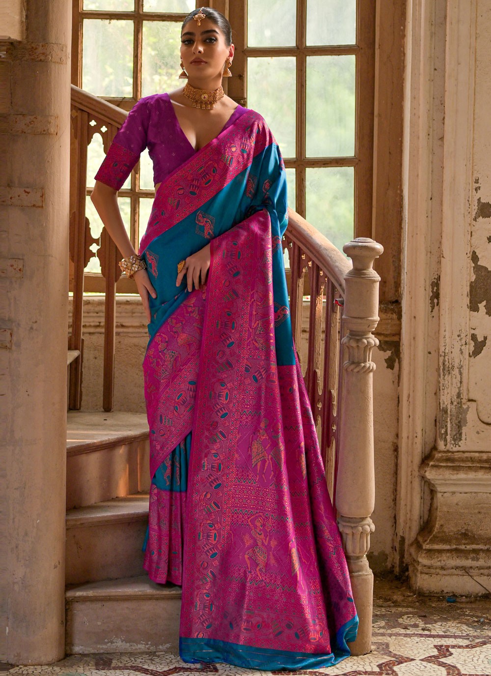 Traditional Saree Woven Firozi Banarasi Silk Saree S13054