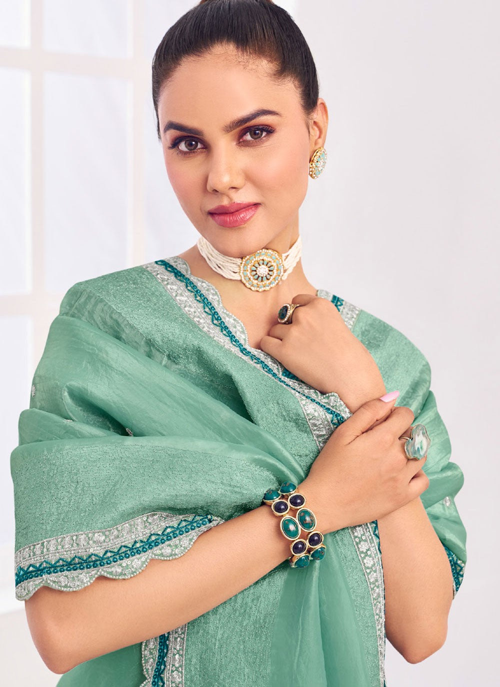 Traditional Border Work Sea Green Silk Saree S12582