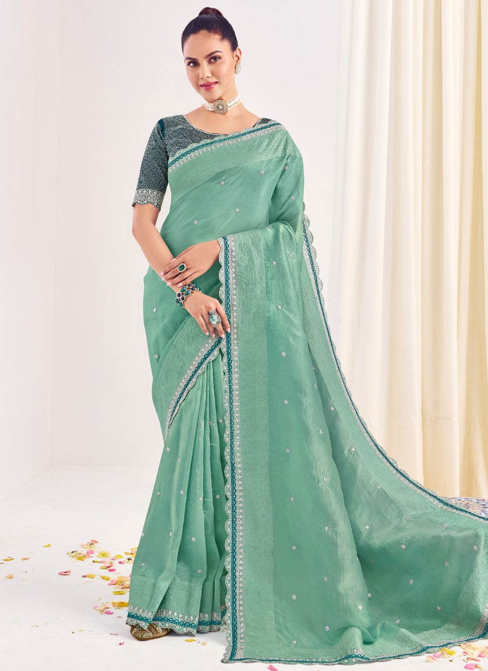Traditional Border Work Sea Green Silk Saree S12582