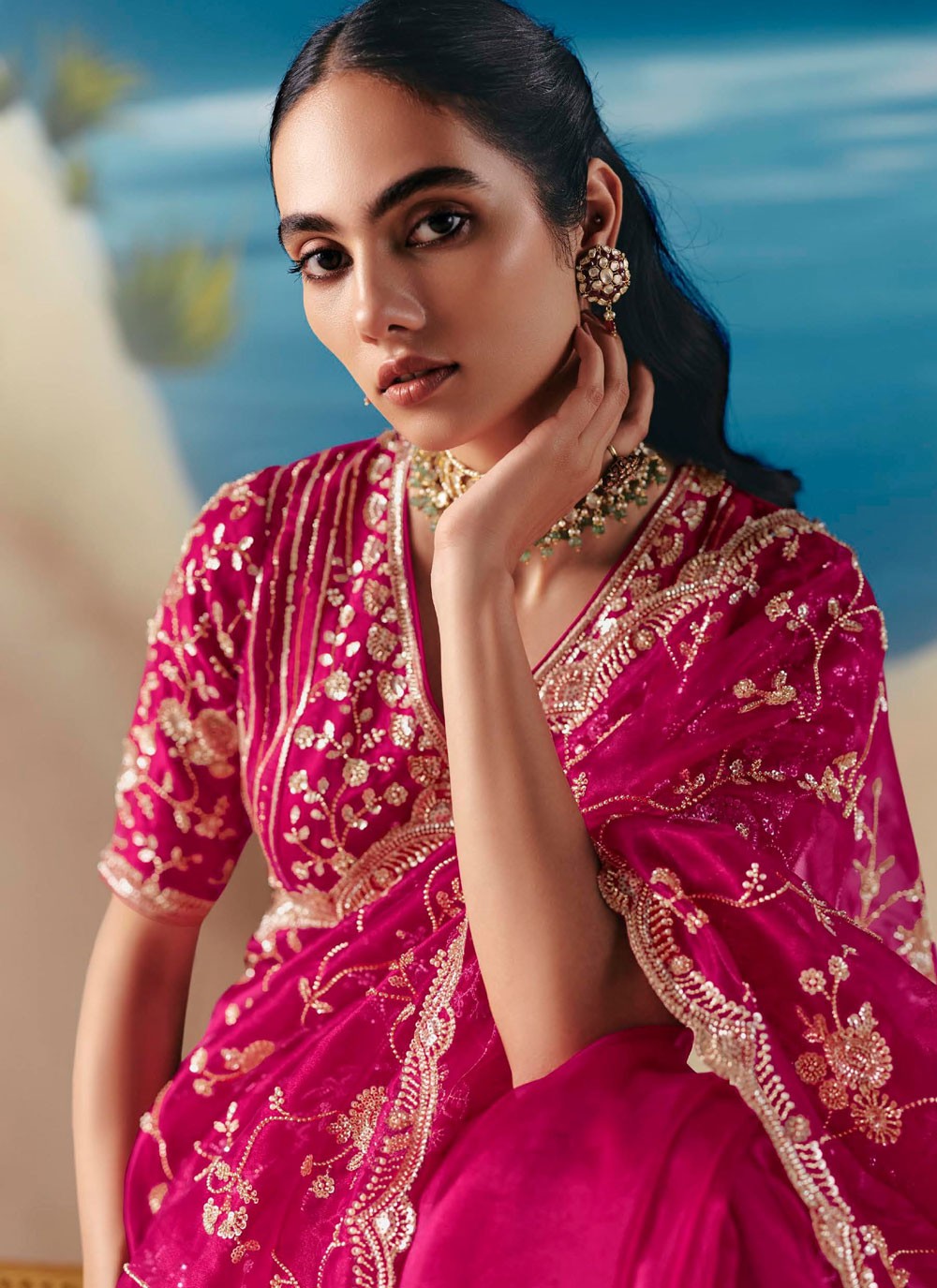 Hot Pink Fancy Fabric Traditional Saree Embroidered, Sequins S20195