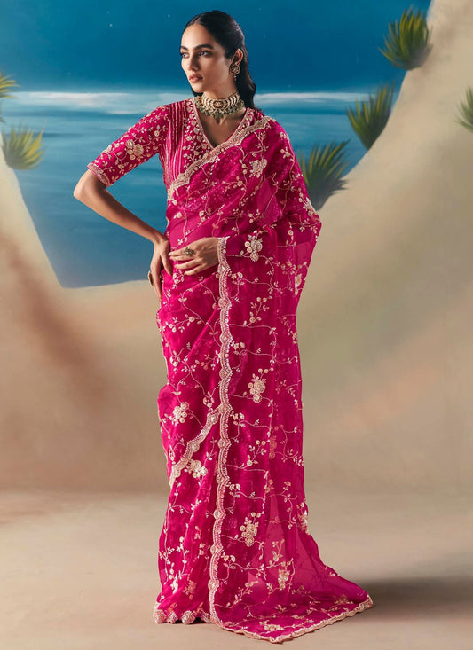 Hot Pink Fancy Fabric Traditional Saree Embroidered, Sequins S20195