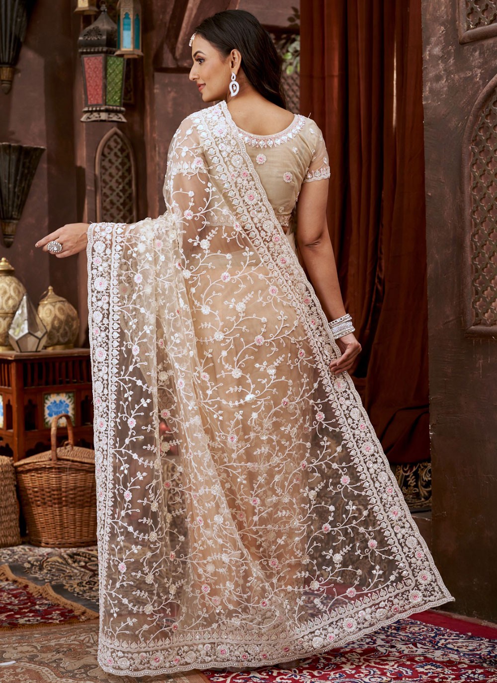 Beige Net Traditional Saree Border Work, Cut Work, Embroidered, Sequins, Stones, Thread S15889