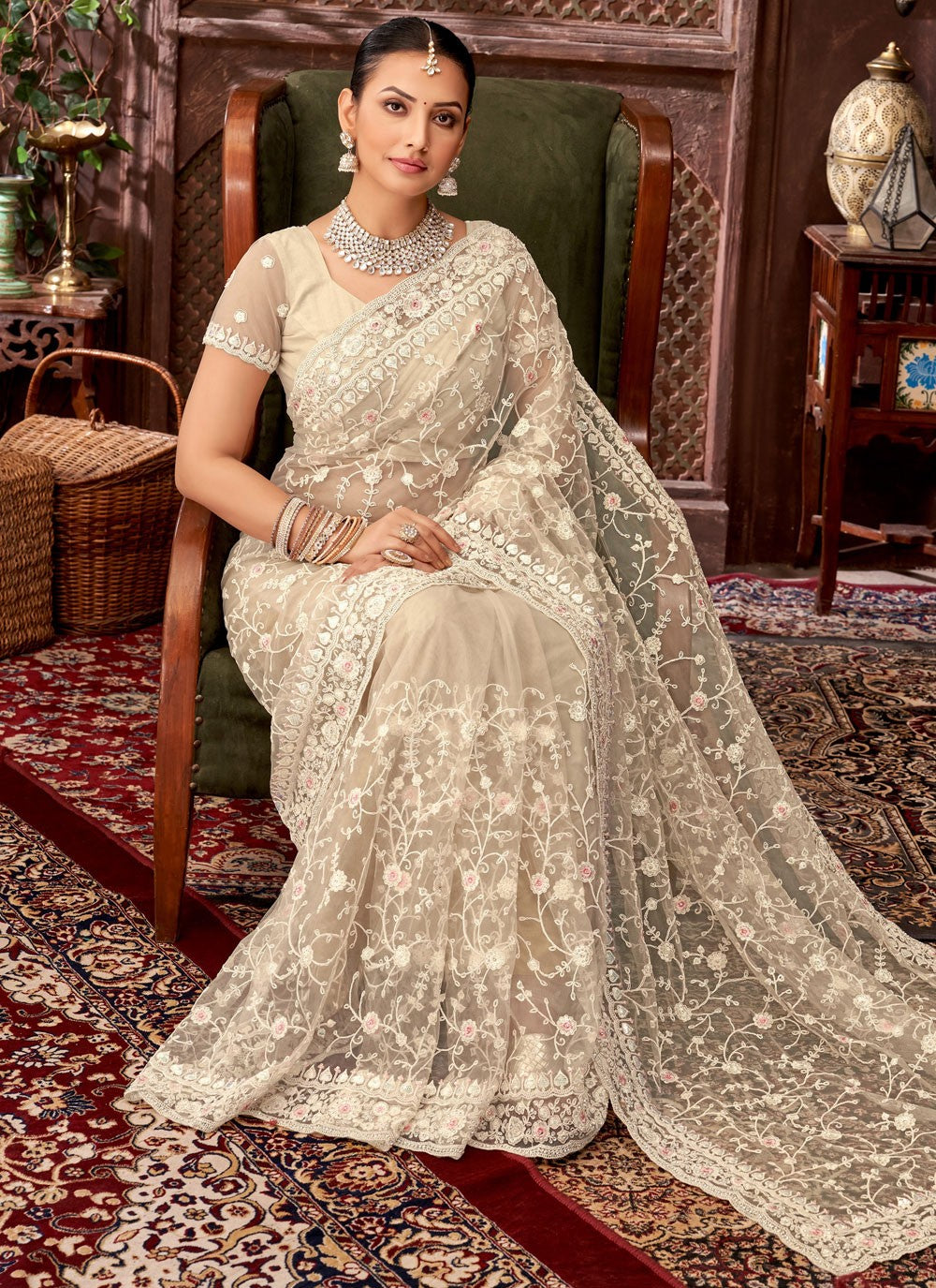 Beige Net Traditional Saree Border Work, Cut Work, Embroidered, Sequins, Stones, Thread S15889