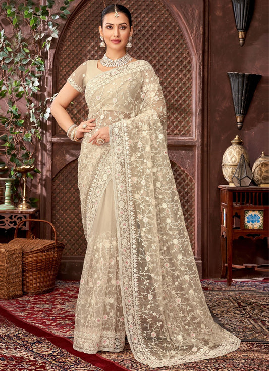 Beige Net Traditional Saree Border Work, Cut Work, Embroidered, Sequins, Stones, Thread S15889