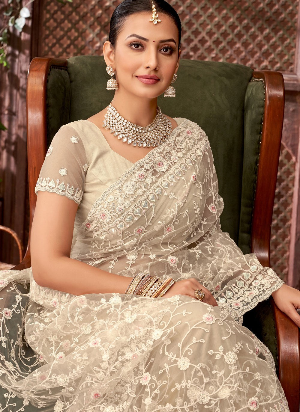 Beige Net Traditional Saree Border Work, Cut Work, Embroidered, Sequins, Stones, Thread S15889