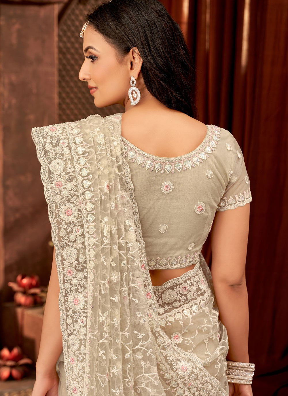 Beige Net Traditional Saree Border Work, Cut Work, Embroidered, Sequins, Stones, Thread S15889