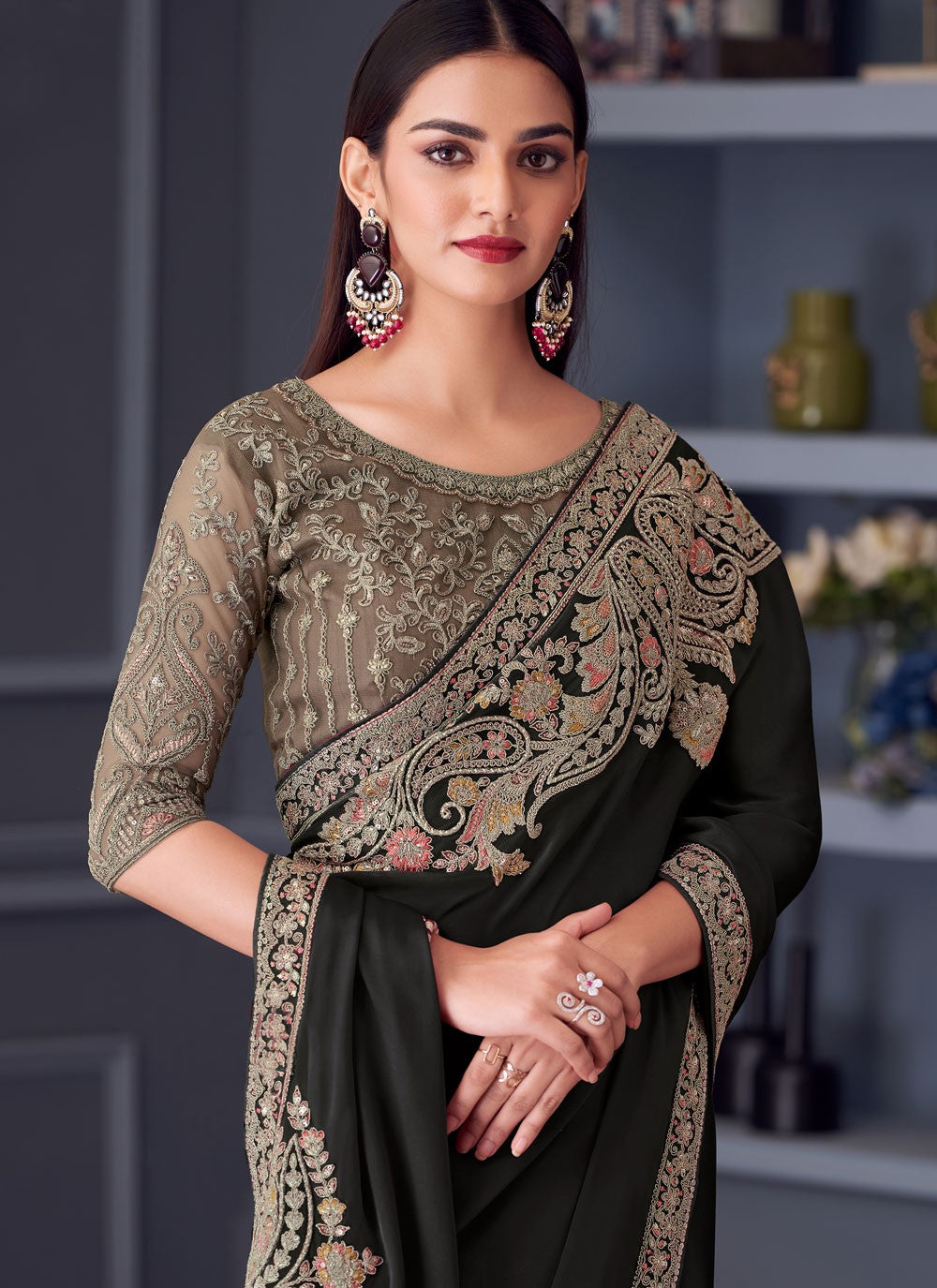 Embroidered Satin Silk Black Saree S14589
