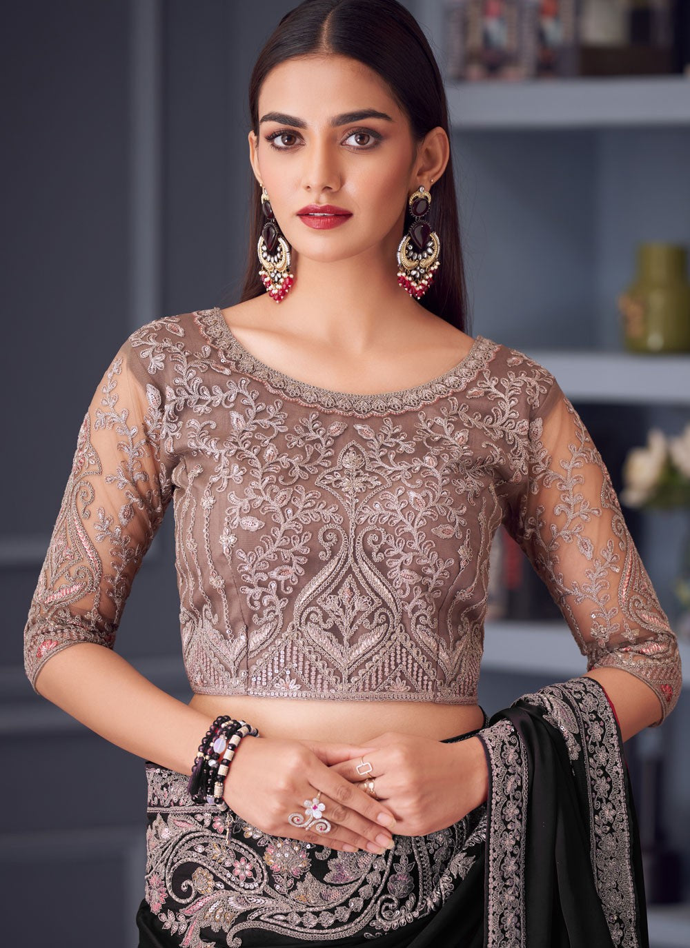 Embroidered Satin Silk Black Saree S14589